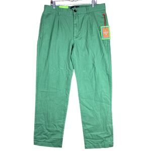 Houston White Mens Chinos Green Single Pleated Wide Leg Cotton NWT 36x32